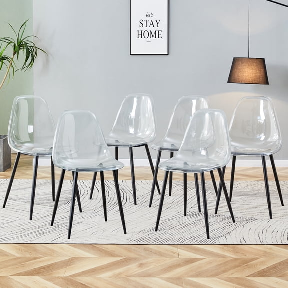 Set of 6 Modern Transparent Dining Chairs, Armless Crystal Plastic Chairs with Black Metal Legs