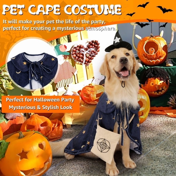 Halloween Dog Wizard Costume, Star Moon Pet Witch Cape with Witch Hat & Small Bag, Cosplay Outfit for Medium Large Dogs, 6 Sizes XL-6XL