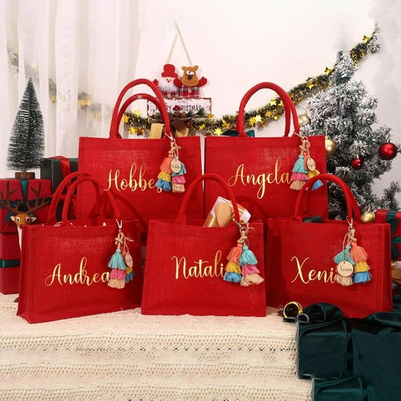 Customizable Burlap, 2PCS Red and Fabric Tote Bags with Handles Personalized Reusable Gift Bags for Christmas, Birthdays,Weddings,Anniversaries