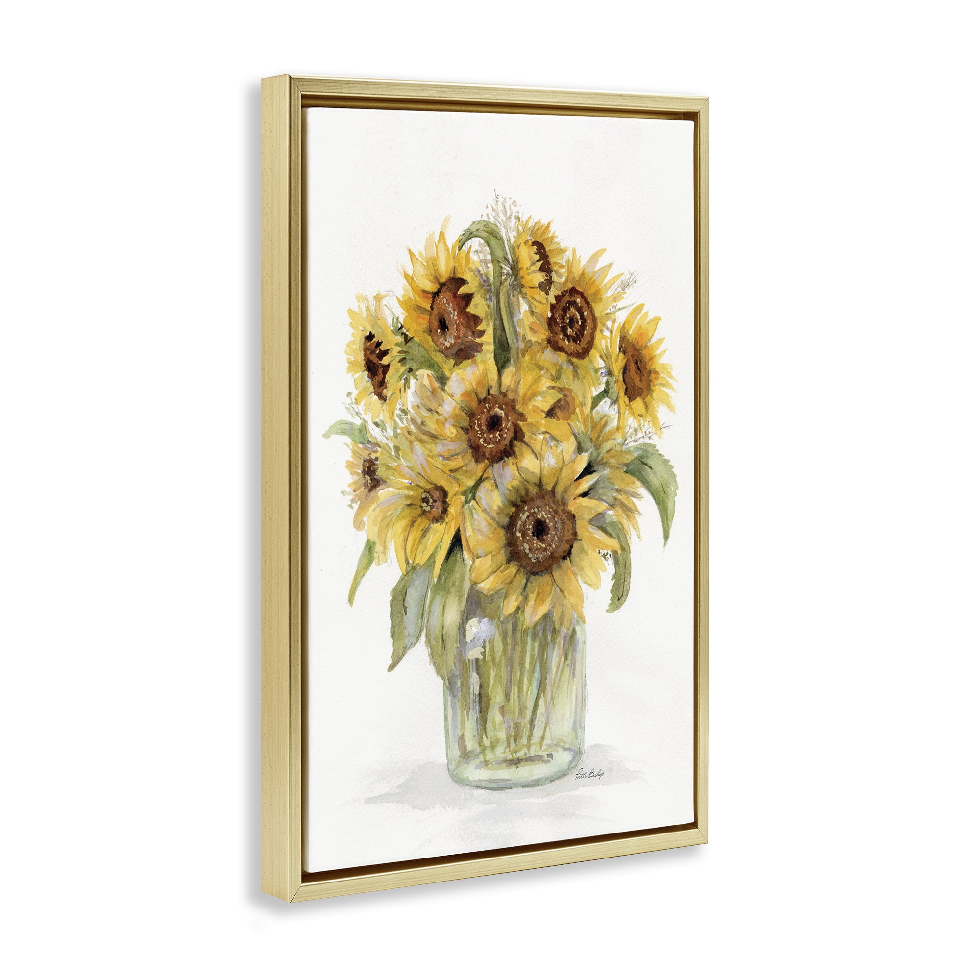 Stupell Industries Sunflower Jar Bouquet Botanical & Floral Painting Gold Floater Framed Art Print Wall Art, 21 x 31