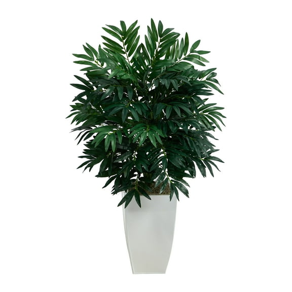 Nearly Natural 3ft. Bamboo Palm Artificial Plant in White Metal Planter