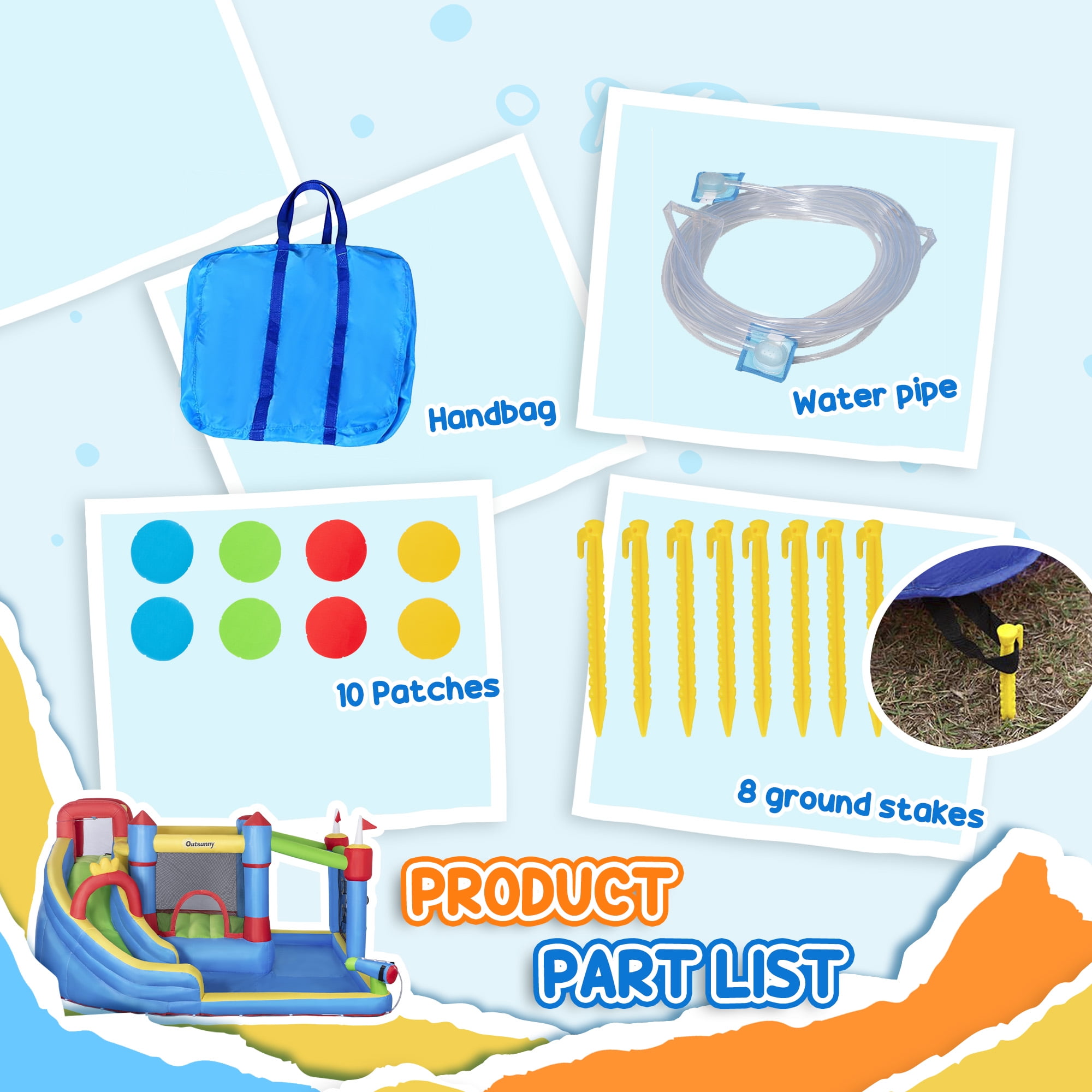 Outsunny 6-in-1 Inflatable Bounce House with Slide, Climbing Wall, Water Cannon, and More, Inflatable Water Slide for Kids with 2 Min. Inflation without Inflator