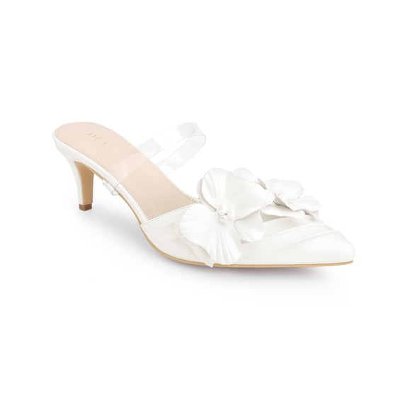 BLISSFUL STEP Flower Stiletto Heels Pointed Toe Slouches Slip On Mules for Women White (Size 5.5)