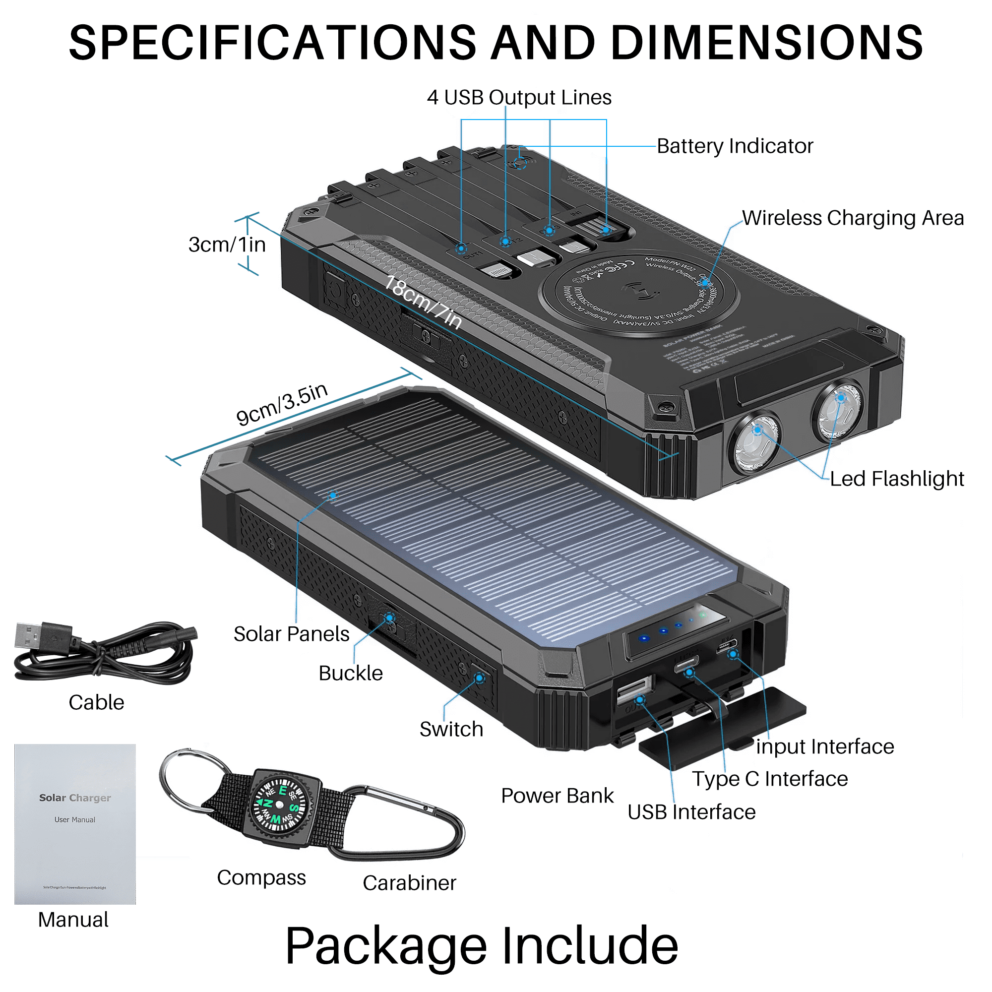 OWNTECH 30000mAh Solar Power Bank Portable Charger with 4 Cables & 3 USB Ports, Wireless Charger with LED Light, Compatible with iPhone, Android, for Camping, Hiking, Black