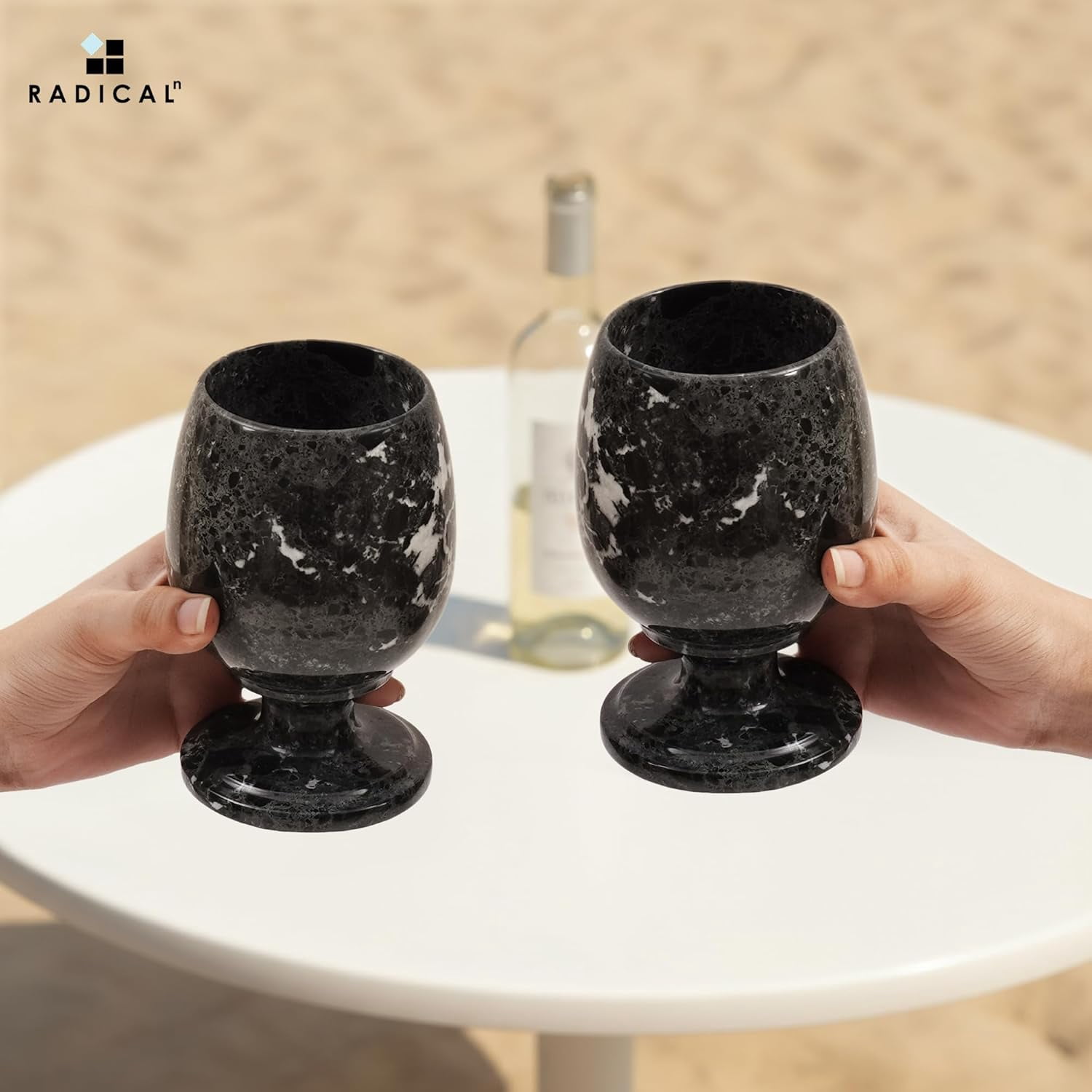 Radicaln Marble Wine Glasses Set of 2 Handmade Black 5 inch Drinking Glasses For Dining Table Decor, Ideal Red and White Wine Glassware For Home Bar