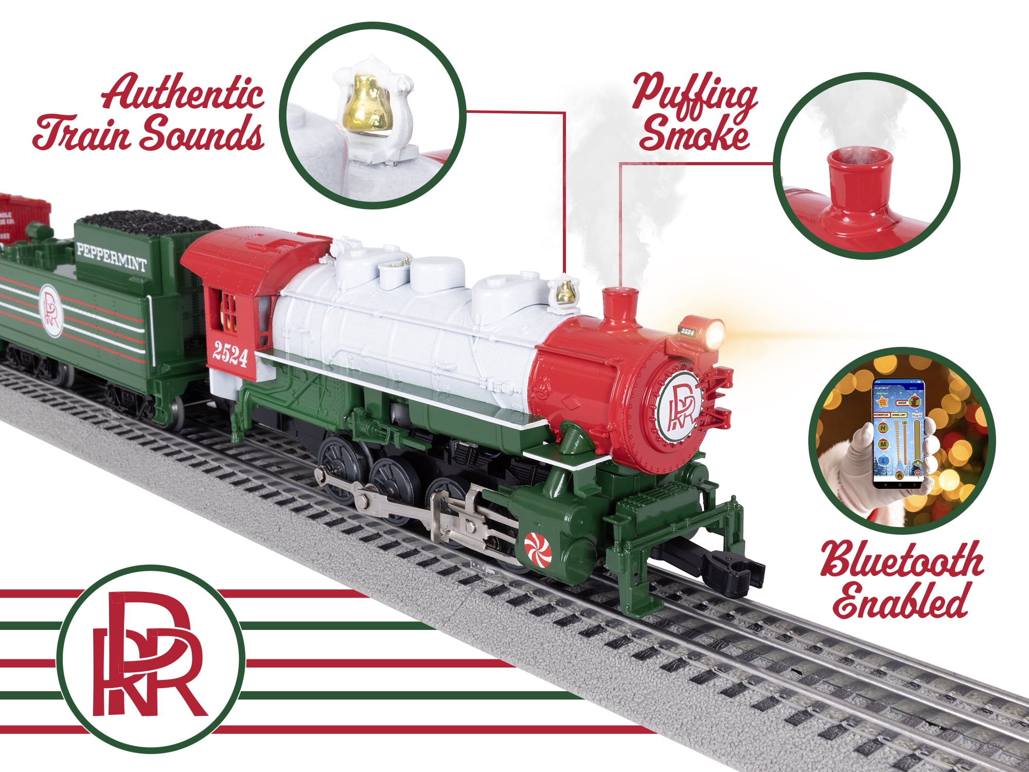 Lionel Peppermint Railroad Christmas Train Set with Bluetooth 5.0 and Remote Control, Ages 14+, Plastic