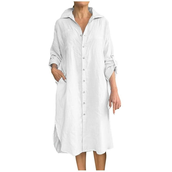 Wdfiry Plus Size Dress for Women Cotton Linen Lapel Button Down Side Slit T-shirt Dress Solid Color Loose Long Sleeve Dresses with Pocket