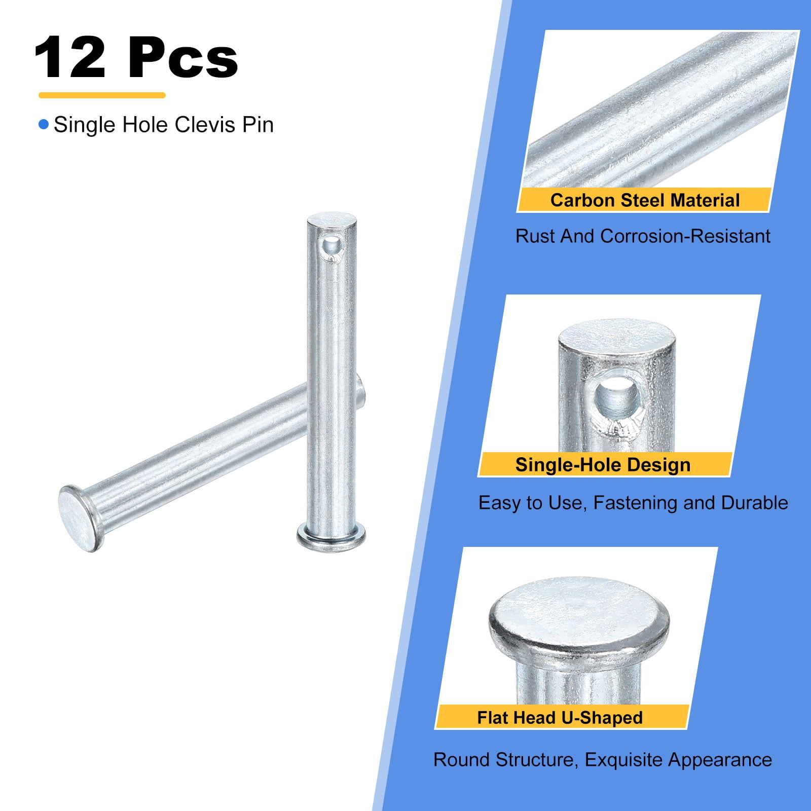 12Pcs M10 x 65mm Single Hole Clevis Pins, Zinc-Plated Carbon Steel Flat Head Pin