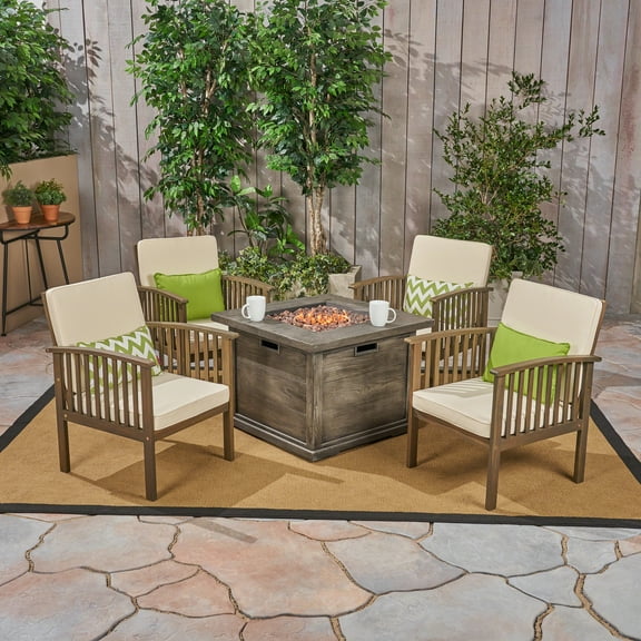 Noble House Carolina 5 Piece Outdoor Acacia Wood Chair and Firepit Set in Gray