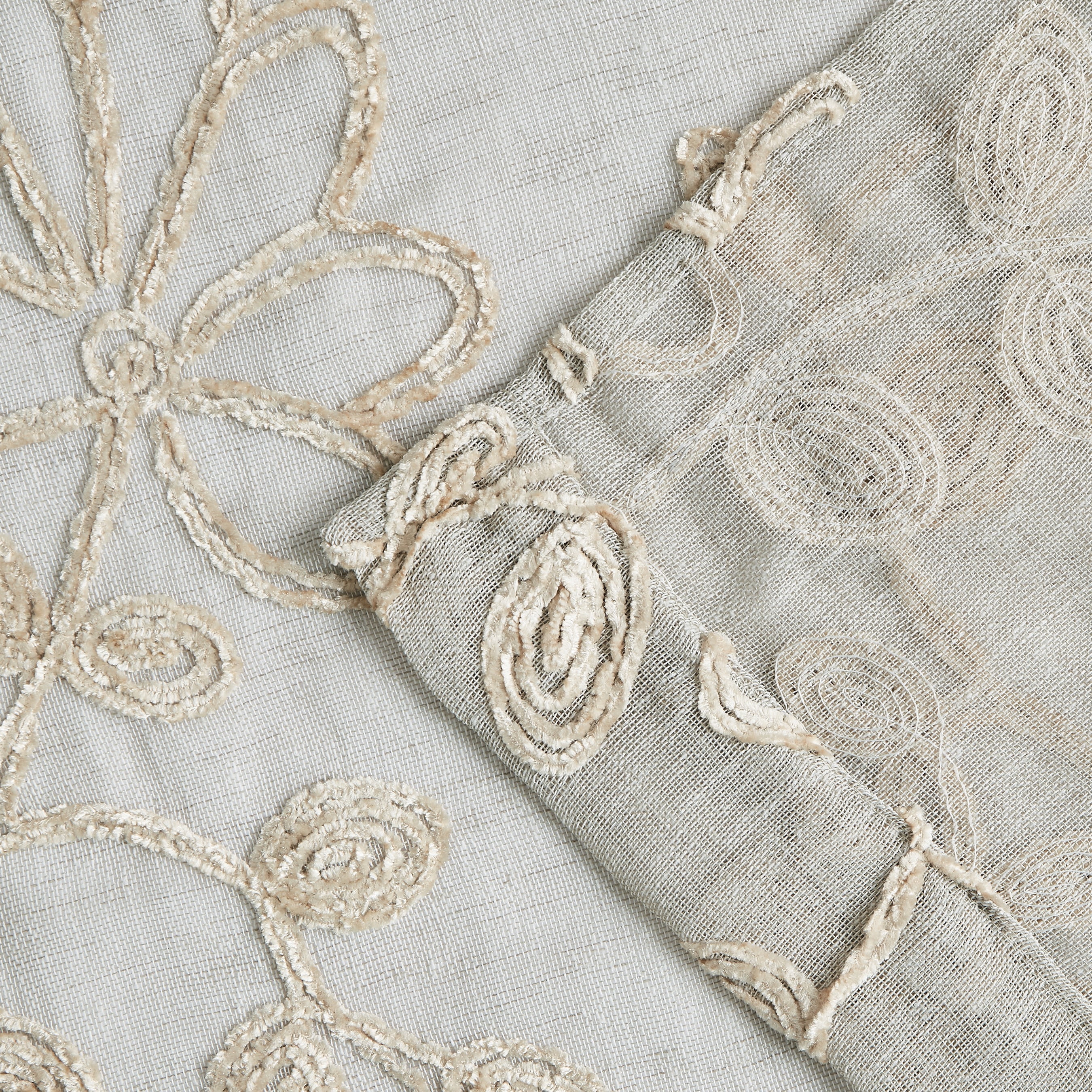 Dainty Home Rita 3D Floral Chenille Embroidered Solid Sheer Linen Look 76" x 84" Window Curtain Panel Pair in Linen