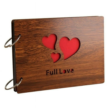 DIY Photo Album Wood Cover Anniversary Scrapbook 8 X 6 inches Self-adhesive Picture Book with Black Pages for Wedding Guest Book Couples Our Memory ( Full Love)