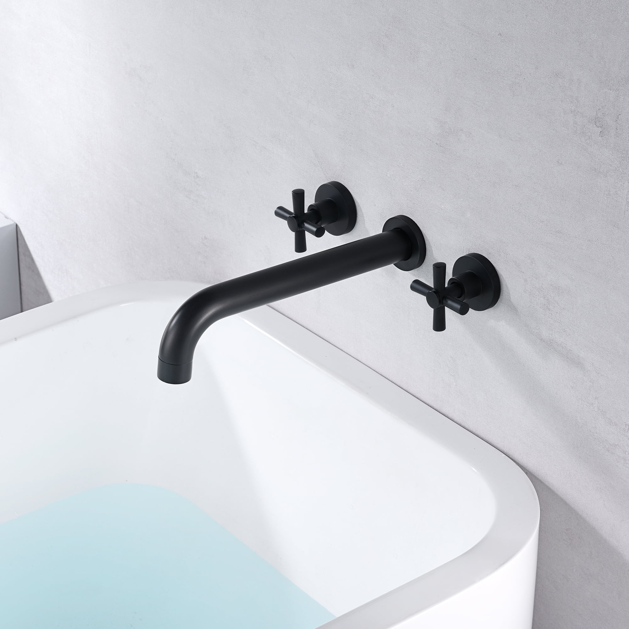 Wall Mount Tub Filler Matte Black Bathtub Faucet High Flow Two Cross Handles with Rough in Valve, Extra Long Spout Sumerain