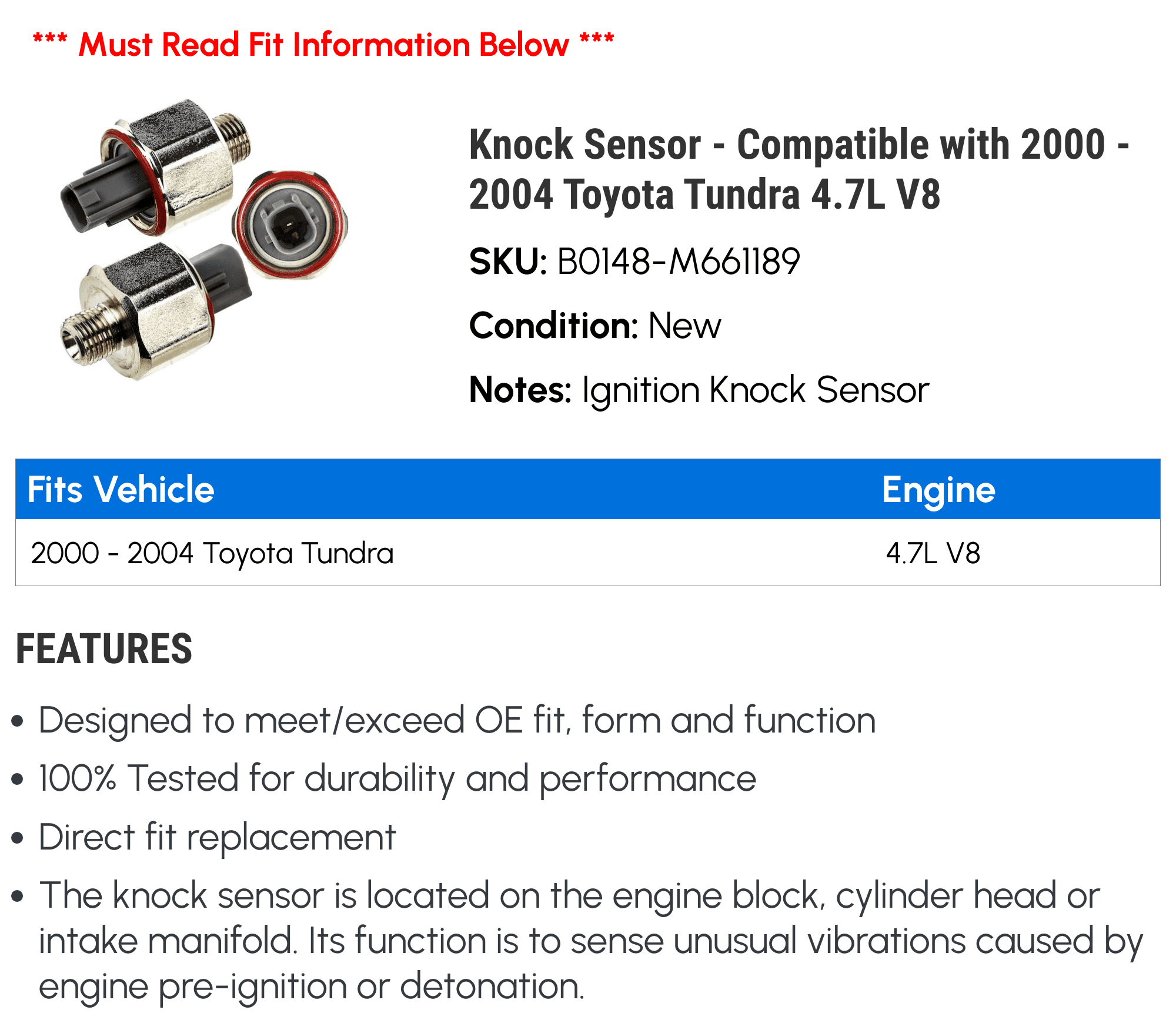 Knock Sensor - Compatible with 2000 - 2004 Toyota Tundra 4.7L V8 2001 2002 2003