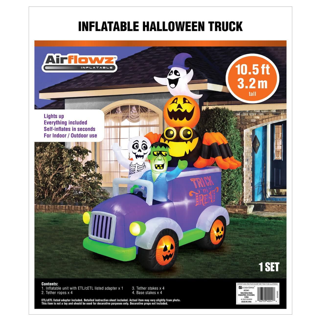 Occasions Halloween 10.5 Foot Inflatable Halloween Truck with Skeleton, Frankenstein, Spider, Pumpkin and Ghost