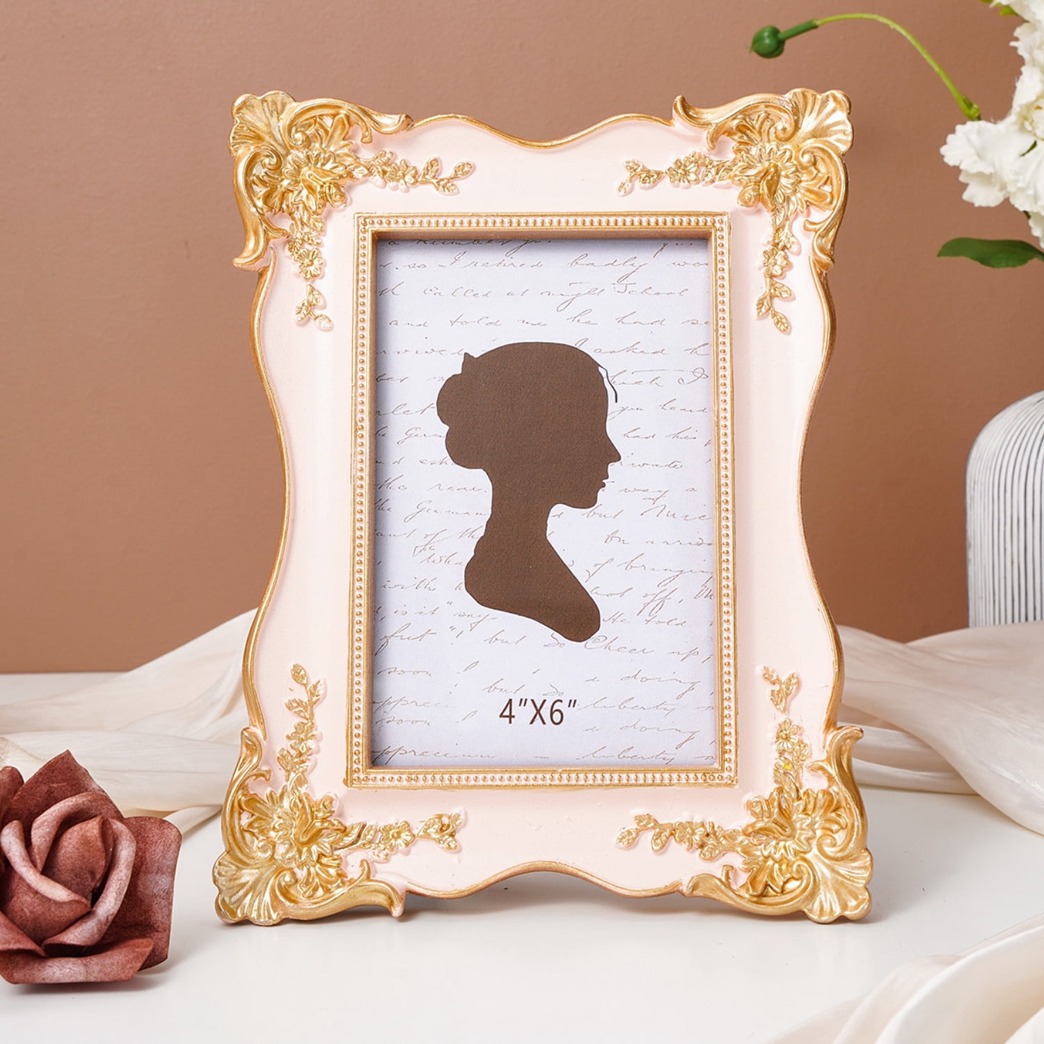 4x6in Vintage Ornate Picture Frame, French Rococo Style Resin Tabletop Photo Frame with Stand, Gold Relief Floral Design, Desktop Decor,Pink