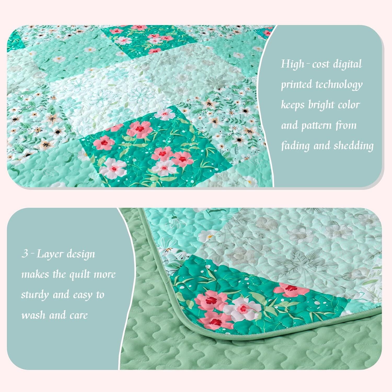 Whale Flotilla Reversible Patchwork Quilt Set King Size, Lightweight Boho Printed Bedspreads Coverlets Quilts Bedding Set with 2 Pillow Shams for All Seasons, Light Green