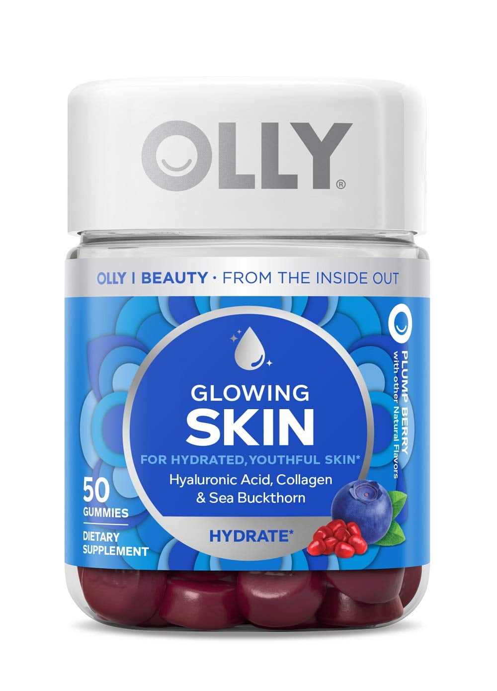 OLLY Glowing Skin Gummy, 25 Day Supply (50 Gummies), Plump Berry, Hyaluronic Acid, Collagen, Sea Buckthorn, Chewable Supplement (Packaging May Vary)