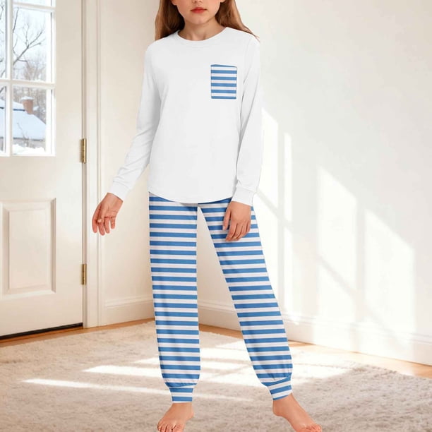 Conjuntos de blusa y camisa de manga larga con cuello redondo para niños y niñas de 5 a 14 años con estampado y bolsillo. Conjunto de top y pantalón de manga larga.