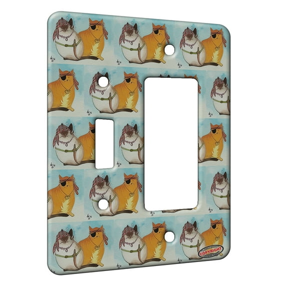 KuzmarK™ 2 Gang Single Toggle / Single Duplex Rocker Wall Plate - Siamese and Tabby Pirate Kitties with Pirate Bling Cat Modern Art by Denise Every