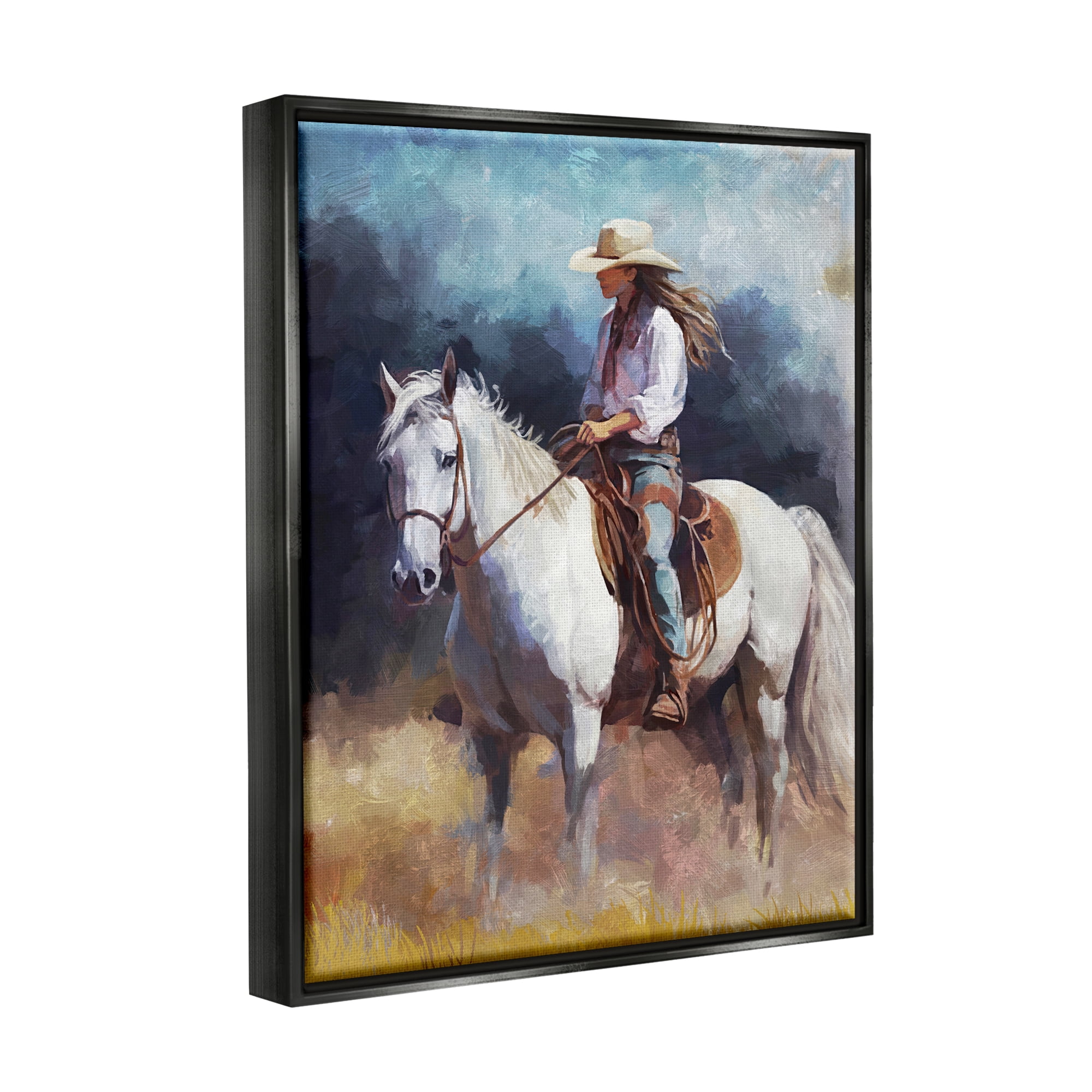 Stupell Industries Cowgirl on White Stallion Animals & Insects Painting Black Floater Framed Canvas Art Print Wall Art, 25 x 31