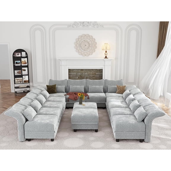 LLappuil Modular Sectional Sofa, 12 Seat Modular Sectional Sofa with 2 Storage Ottoman, 25.6 Deep Seat Chenille Sofa Gray