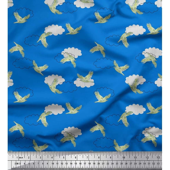 Soimoi Blue Silk Fabric Cloud & Watercolor Bird Printed Fabric 1 Yard 42 Inch Wide