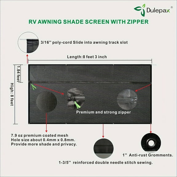 CayaElegant Innovations RV Awning Shade Screen Kit - 2nd Gen Universal Sun Shade with Zipper, Includes 4 Bungee Balls, 4 Spikes & Storage Bag - Enhanced Privacy & UV Protection