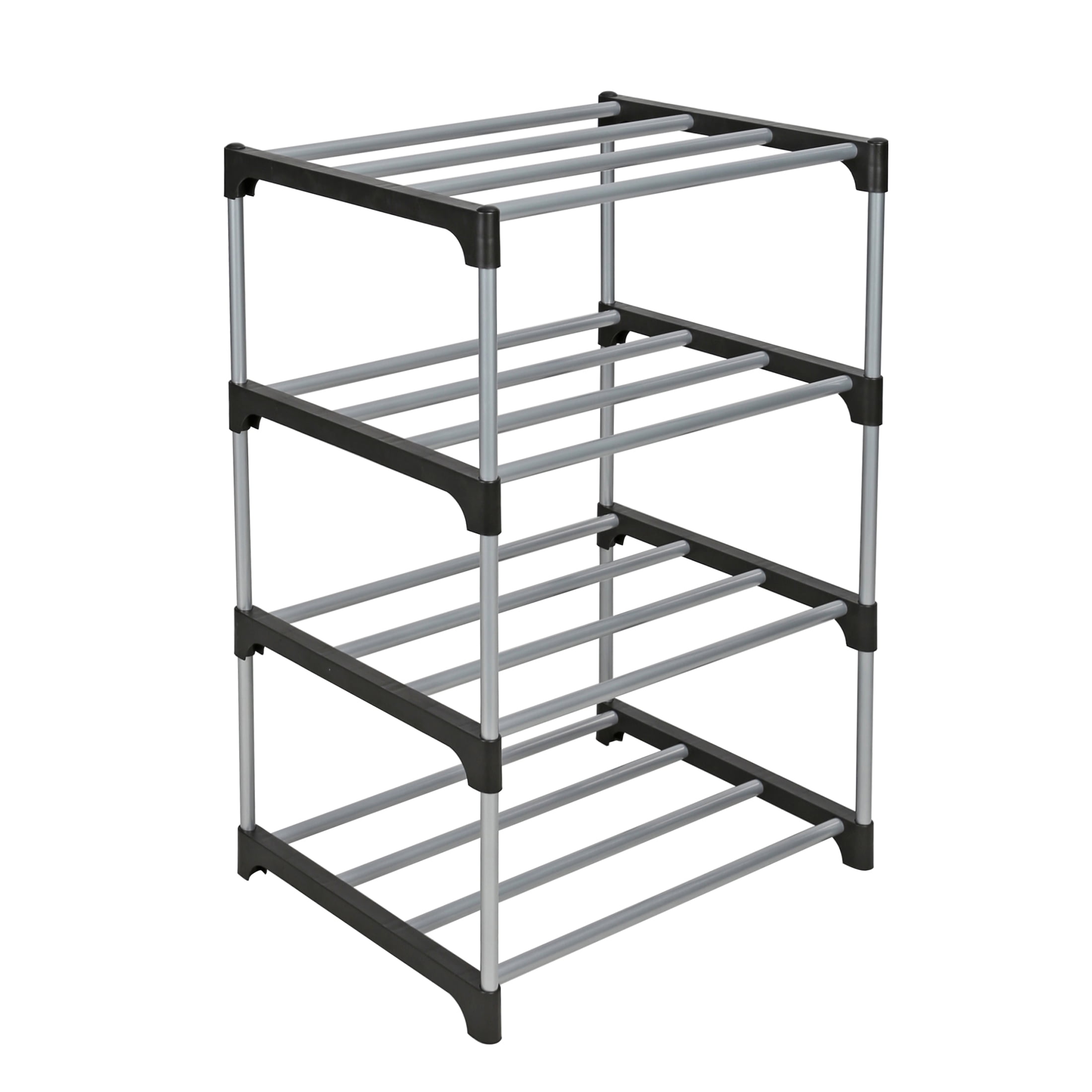 Mainstays 4 Tier Shoe Rack, Black and Silver, 8 Pairs of Shoes, Metal Tubes & Plastic Connectors