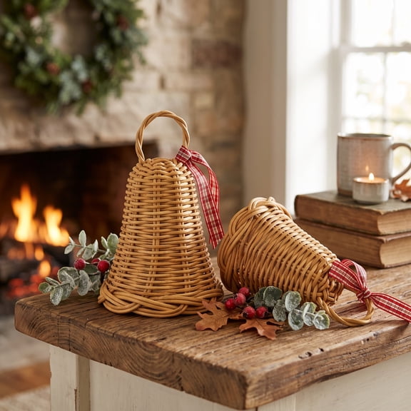Liamobondopolis Christmas Rattan Bell Ornaments 2 Pcs Woven Wicker Hanging Decor Holiday Tree Farmhouse Decoration