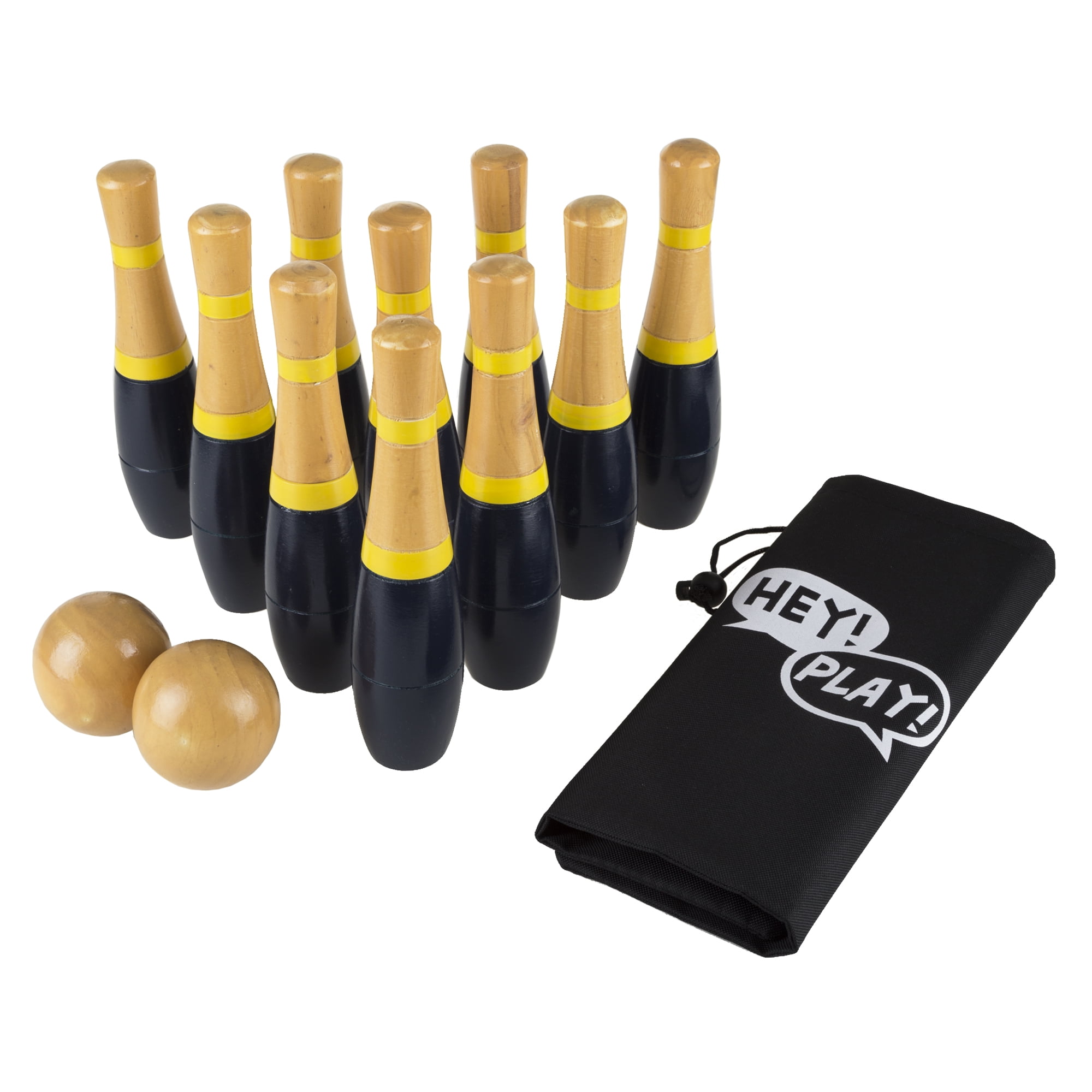 Lawn Bowling Game/Skittle Ball- Indoor and Outdoor Fun for Toddlers, Kids, Adults –10 Wooden Pins, 2 Balls, and Mesh Bag Set by Hey! Play! (8 Inch)