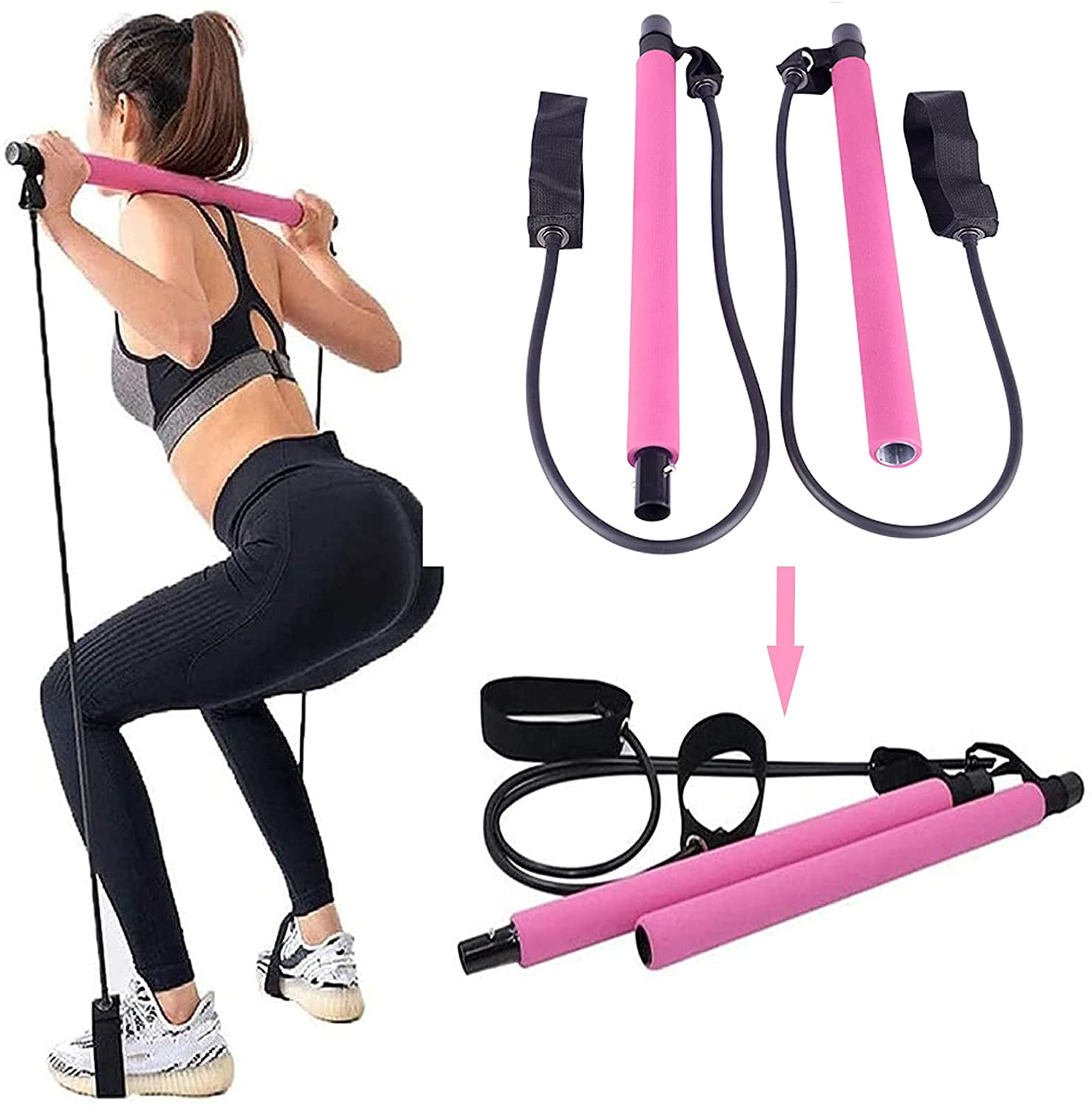 Conditioning & Toning Home Gym Fitness Yoga Pilates Bar Kit with Resistance Bands Portable Workout Equipment Hip Bands & Jump Rope for Full Body Sculpting Pilates 