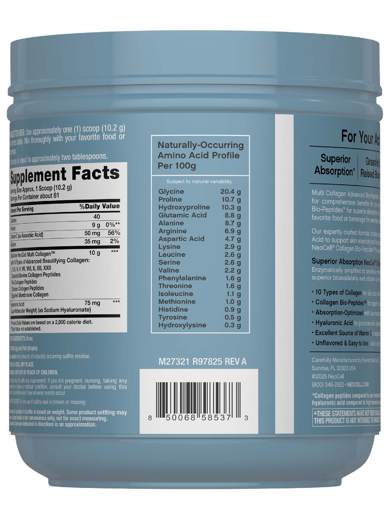 Multi Collagen Bio-Peptides Powder | 22oz with Hyaluronic Acid and Vitamin C | Grass fed Protein Supplement | by NeoCell