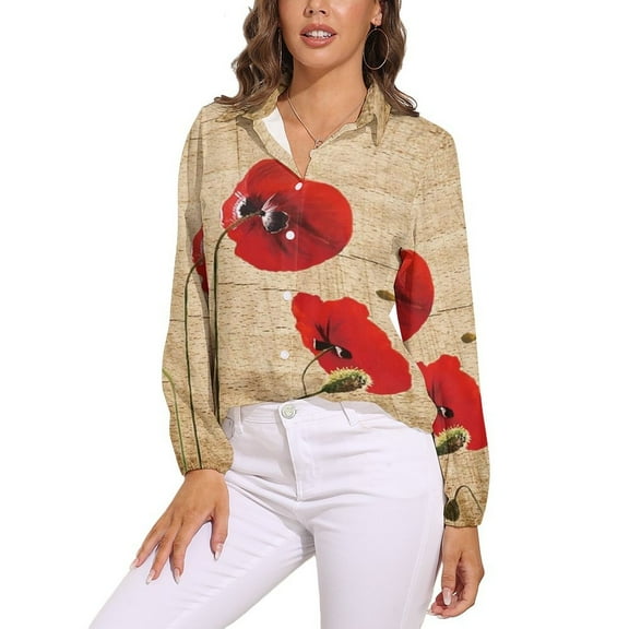 Poppy Artwork Long Sleeve Blouse Woman Streetwear Casual Shirts Summer Oversize Woman Streetwear Clothing Birthday Present