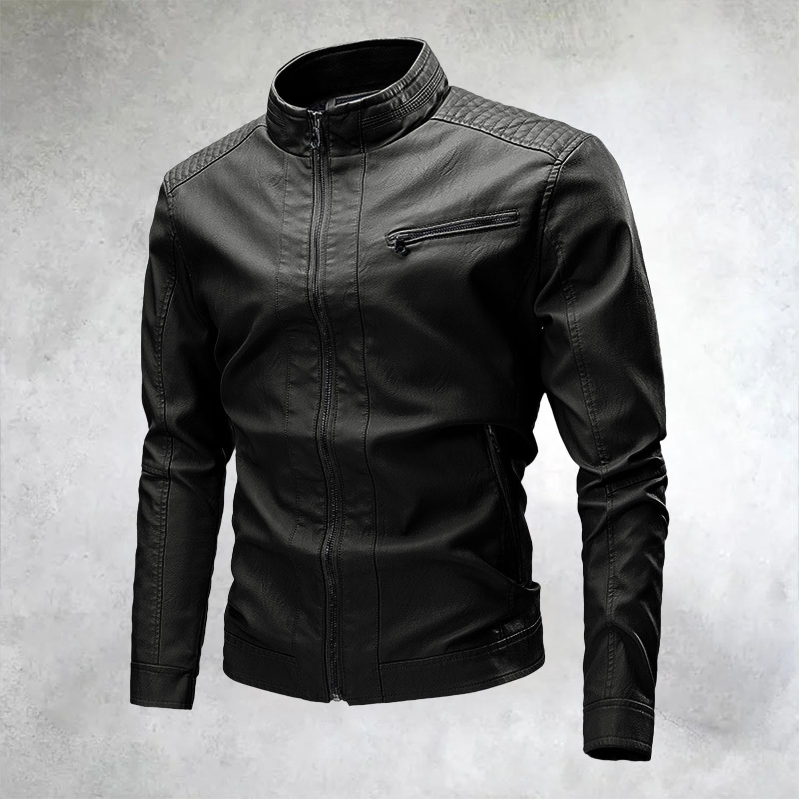 Wuxian Mens Casual Leather Jacket Slim Fit Full Zip Up Stand Collar Long Sleeve Lightweight Motorcycle Style Outerwear Coat With Pockets Stylish Cozy Daily Wear,Black,XL