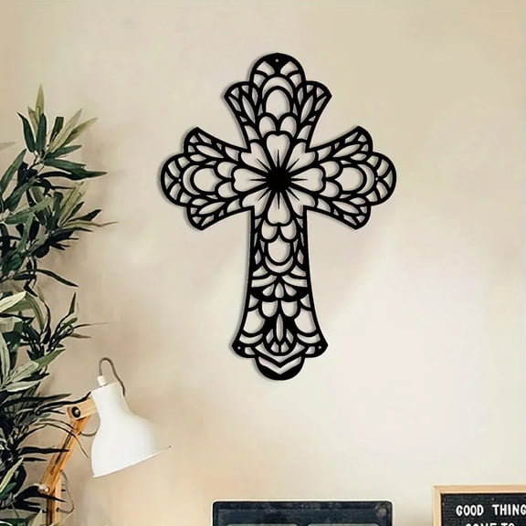 HELLOYOUNG Black Metal Cross Wall Art  Modern Christian Home Decor with Ornate Center Spiritual Wall Sculpture for Church Office Living Room Year-Round Gift for Housewarming Christmas Gift