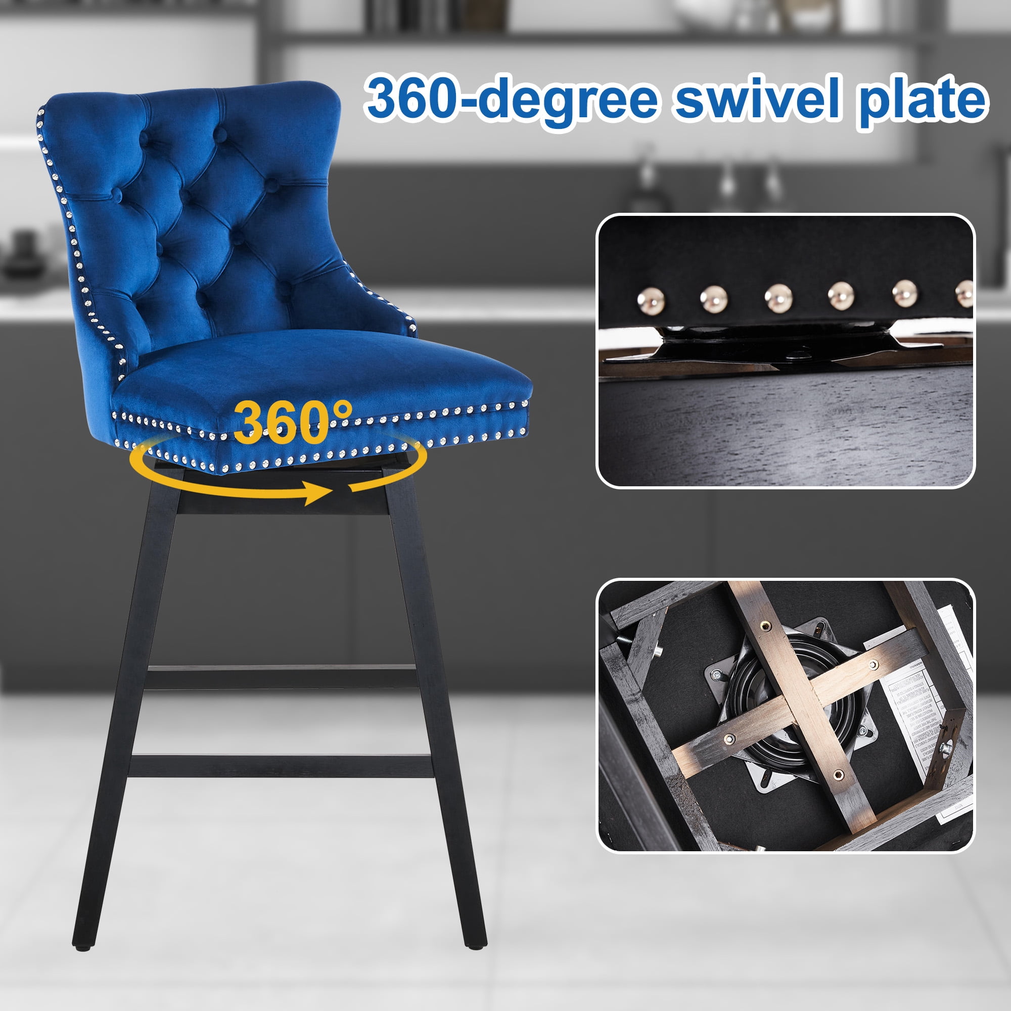 TEWLOSS 30" Swivel Bar Stools Set of 3, Blue Velvet Bar Height Chairs with Back for Home Pub