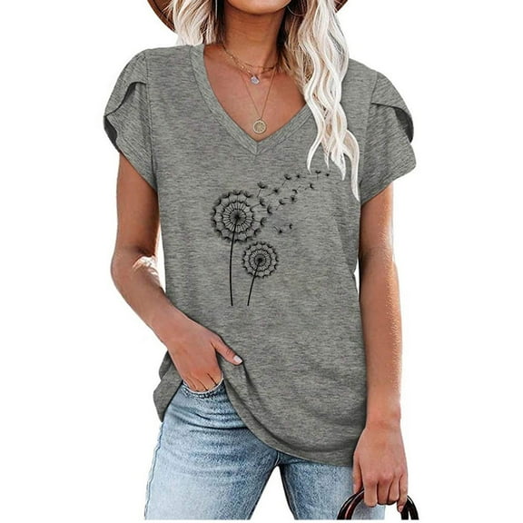 Oalirro Women's Tops, Tees & Blouses Women Blouses and Tops Fashion Fashion Women's Summer V-Neck Short Sleeve Print Casual T-shirt Blouse Gray