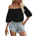 thumbnail image 2 of Frostluinai Strapless Tops for Women 3/4 Lantern Sleeve Shirts Chiffon Comfy T Shirts Off Shoulder Sexy Tees Solid Holiday Blouses, 2 of 9