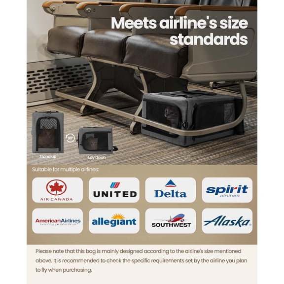 Airline Approved Soft-Sided for Cats & Dogs to 12lbs, Breathable and Stable Travel Bag with Safety Features Gray