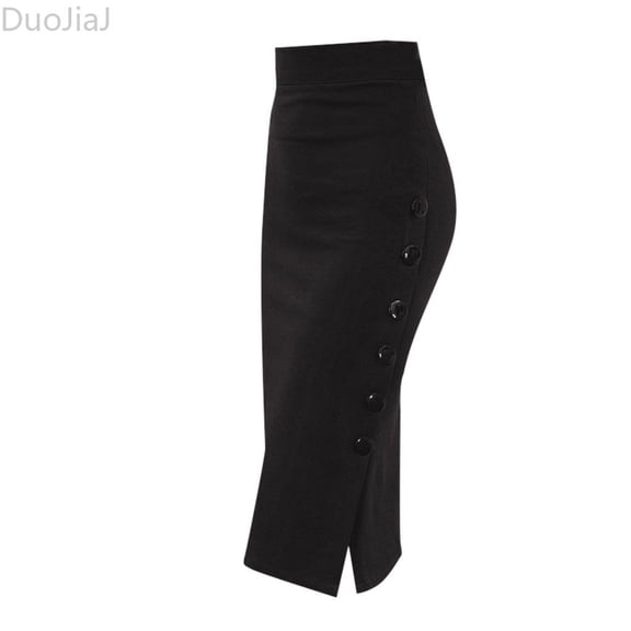 DuoJiaJ Womens Midi Skirts Casual Pencil Skirt High Waisted Long Skirt with Slit Elegant Work Office Skirts Black L