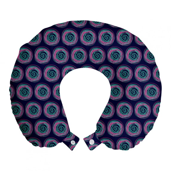 Abstract Travel Pillow Neck Rest, Abstract Sketchy Circular Repetitive Motifs Hand Drawn Inspired Illustration, Memory Foam Traveling Accessory Airplane and Car, 12", Magenta and Teal, by Ambesonne