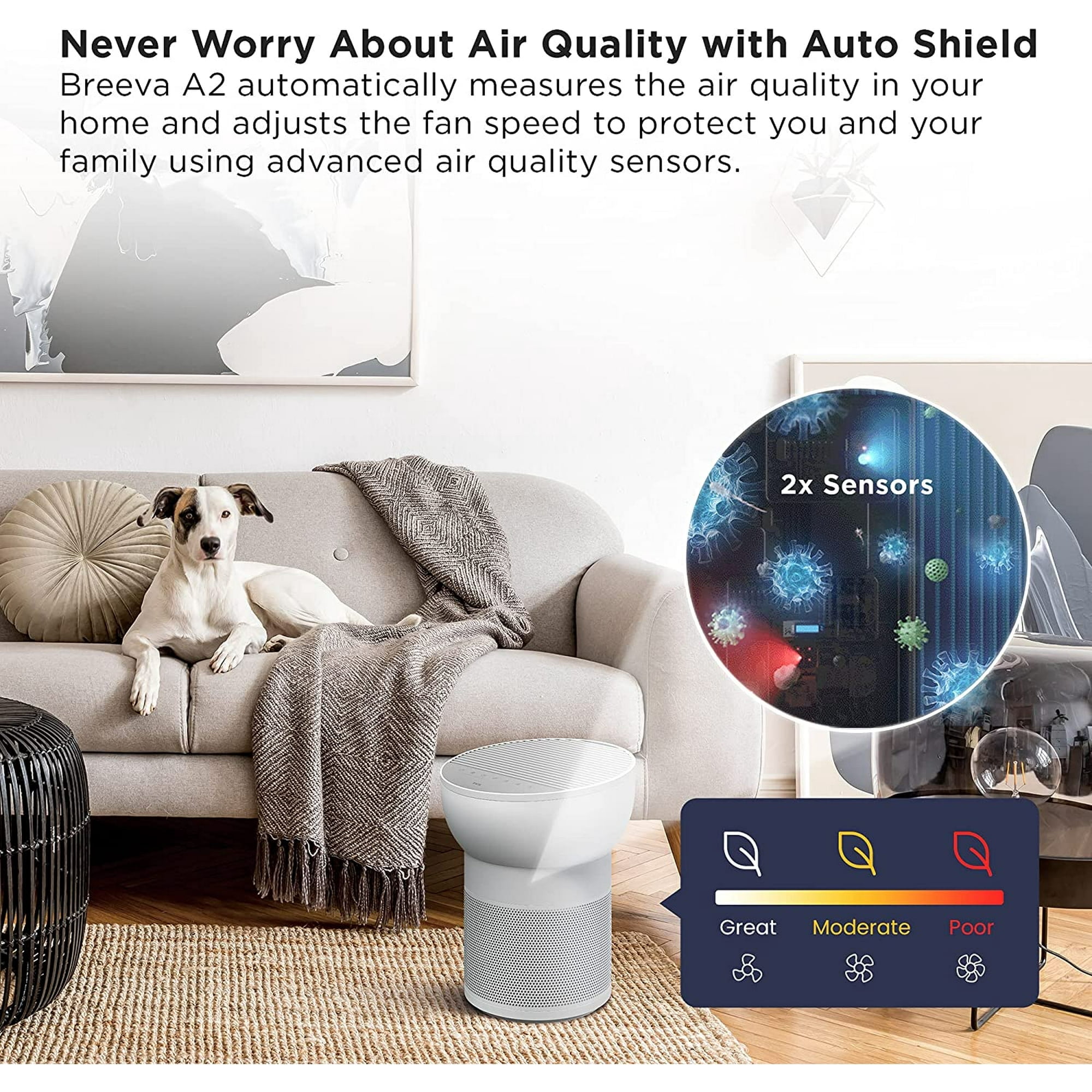 TCL Breeva A2 Air Purifier and Humidifier, Up to 882 Sq Ft, 4-Stage True HEPA (H13), Removes 99.97% of Dust/Bacteria/Odors & More, App & Voice Control, Auto Shield, Quiet, Black