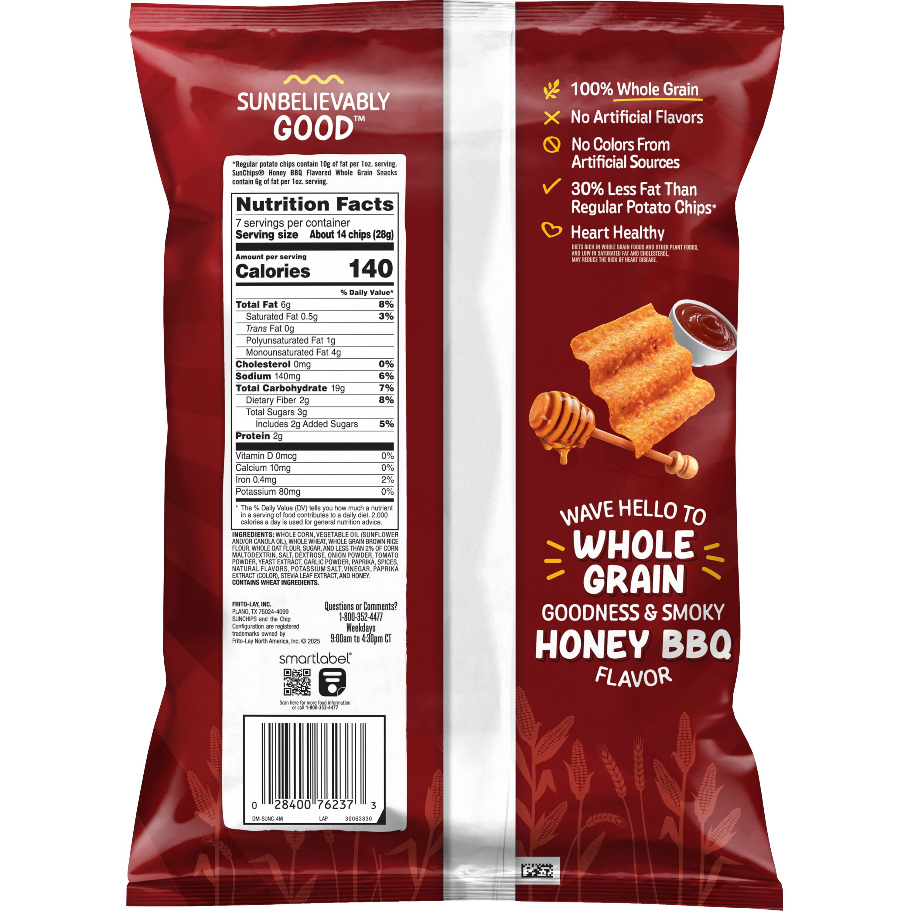 SunChips 100% Whole Grain Honey BBQ Snack Chips Bag, 7 oz​
