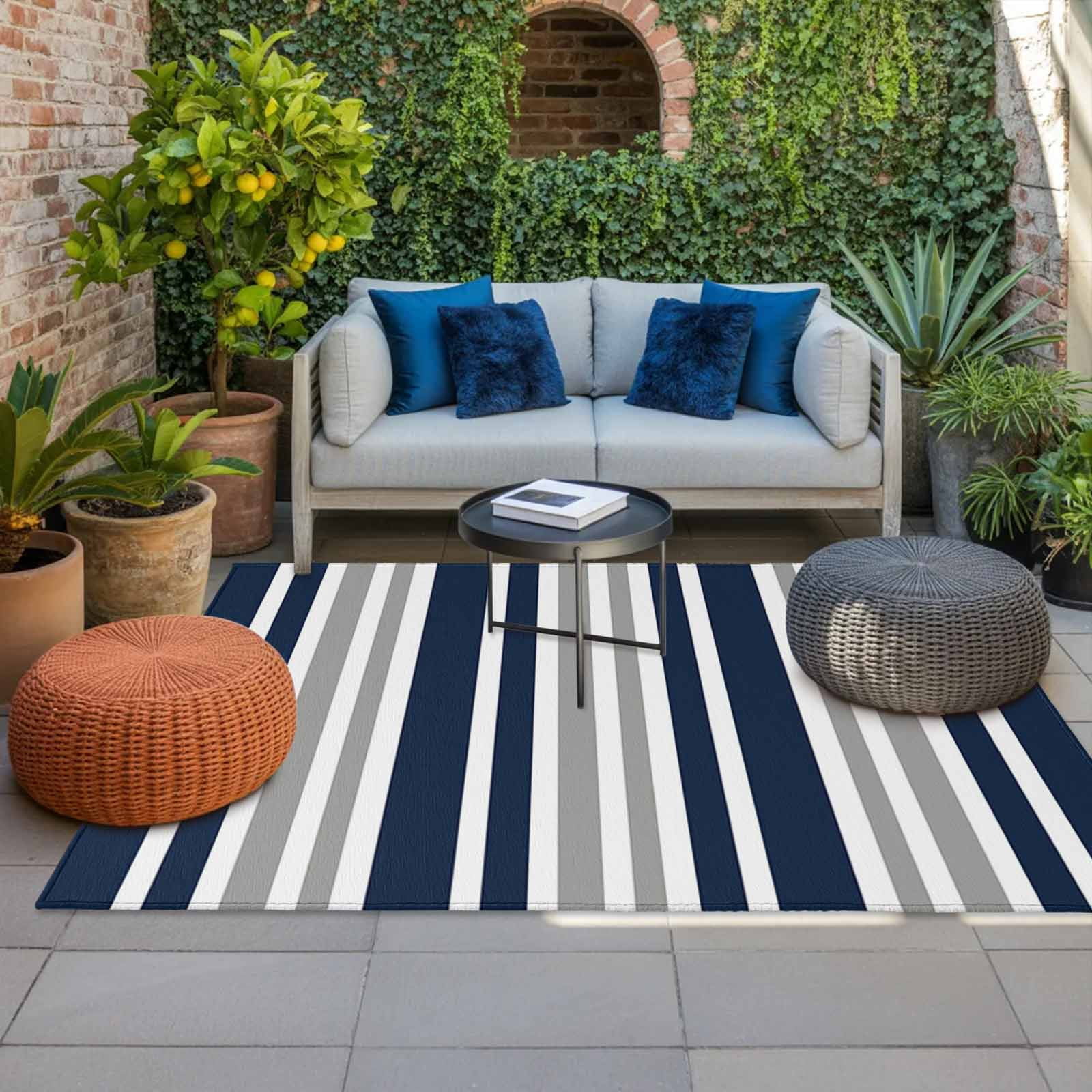 Navy Blue Grey Striped Outdoor Rug for Patio/Deck/Porch, Non-Slip Large Area Rug 3 x 5 Ft, Modern Minimalist Ombre Lines Indoor Outdoor Rugs Washable Area Rugs, Reversible Camping Rug Carpet Runner