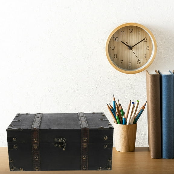 HEALEEP 1Set Vintage Treasure Chest Box Black Wooden Desktop Decorative Box 10.2x5.9x4.5in