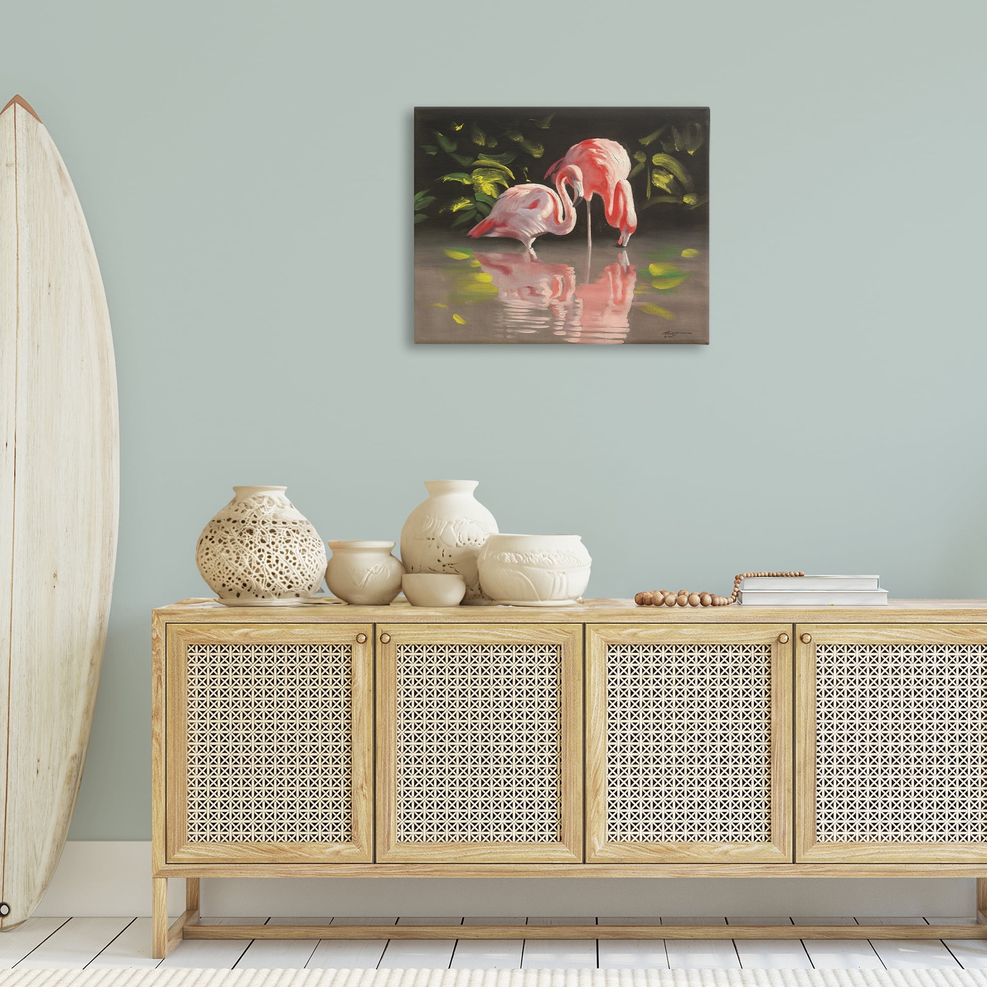 Stupell Industries Flamingos with Pond Reflection Animals & Insects Painting Gallery Wrapped Canvas Art Print Wall Art, 30 x 24