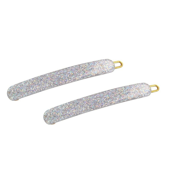French Amie Rounded Oblong Silver Glitter Celluloid Side Hair Clip Barrette 2Pcs