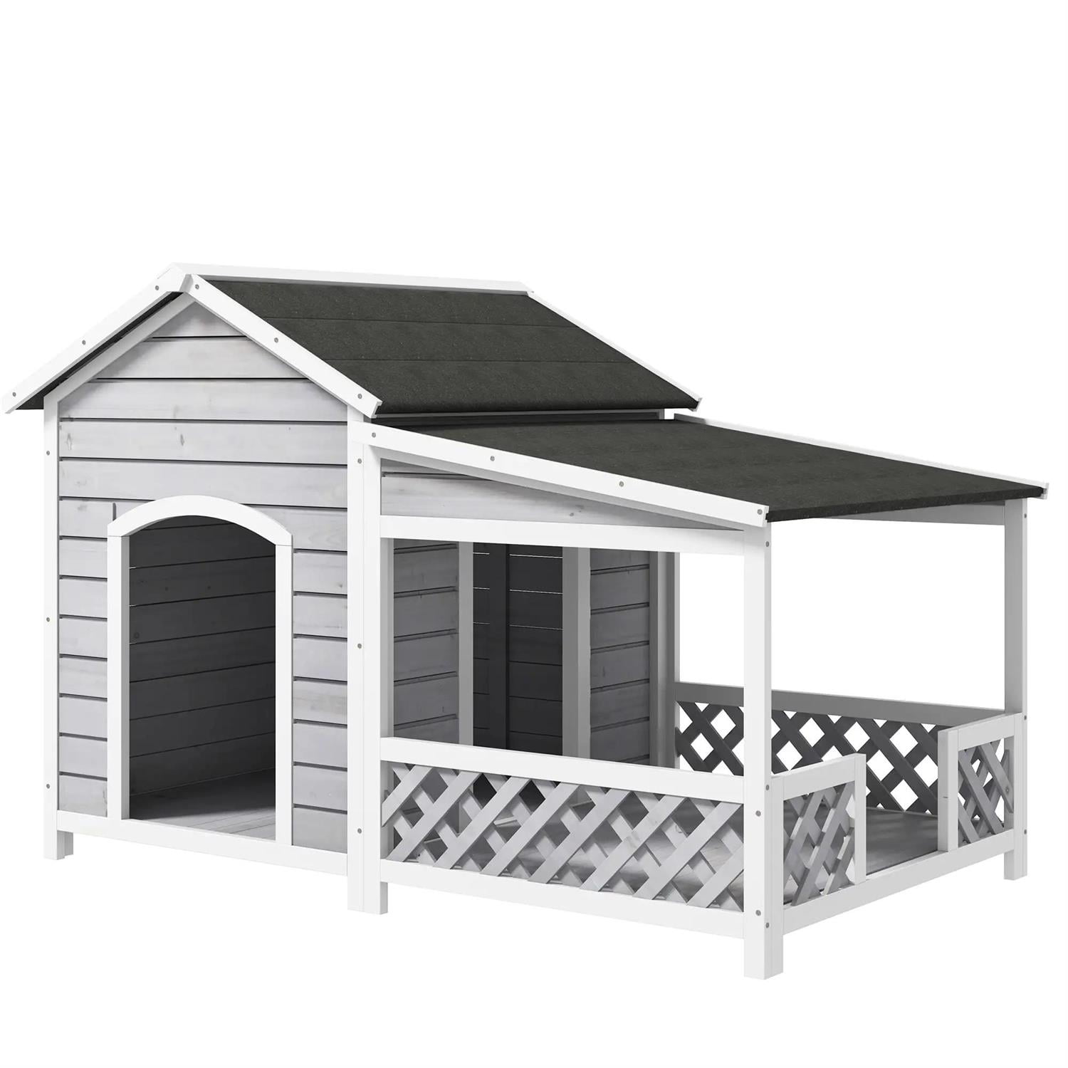 Pefilos 63" Outdoor Cabin Style Dog House with Asphalt Roof & Shutter Window, Wooden Dog Kennel Weatherproof for Small to Large Dogs, Gray
