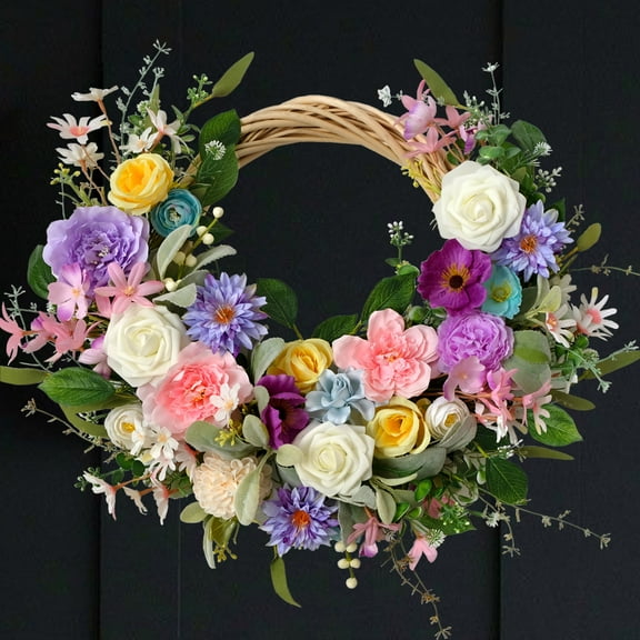 22 Inch Spring Summer Flower Wreath for Front Door, Ivory Vine Roses Peony Wild Flowers Indoor Outdoor Wreath, Artificial Floral Wreath for Home Decor