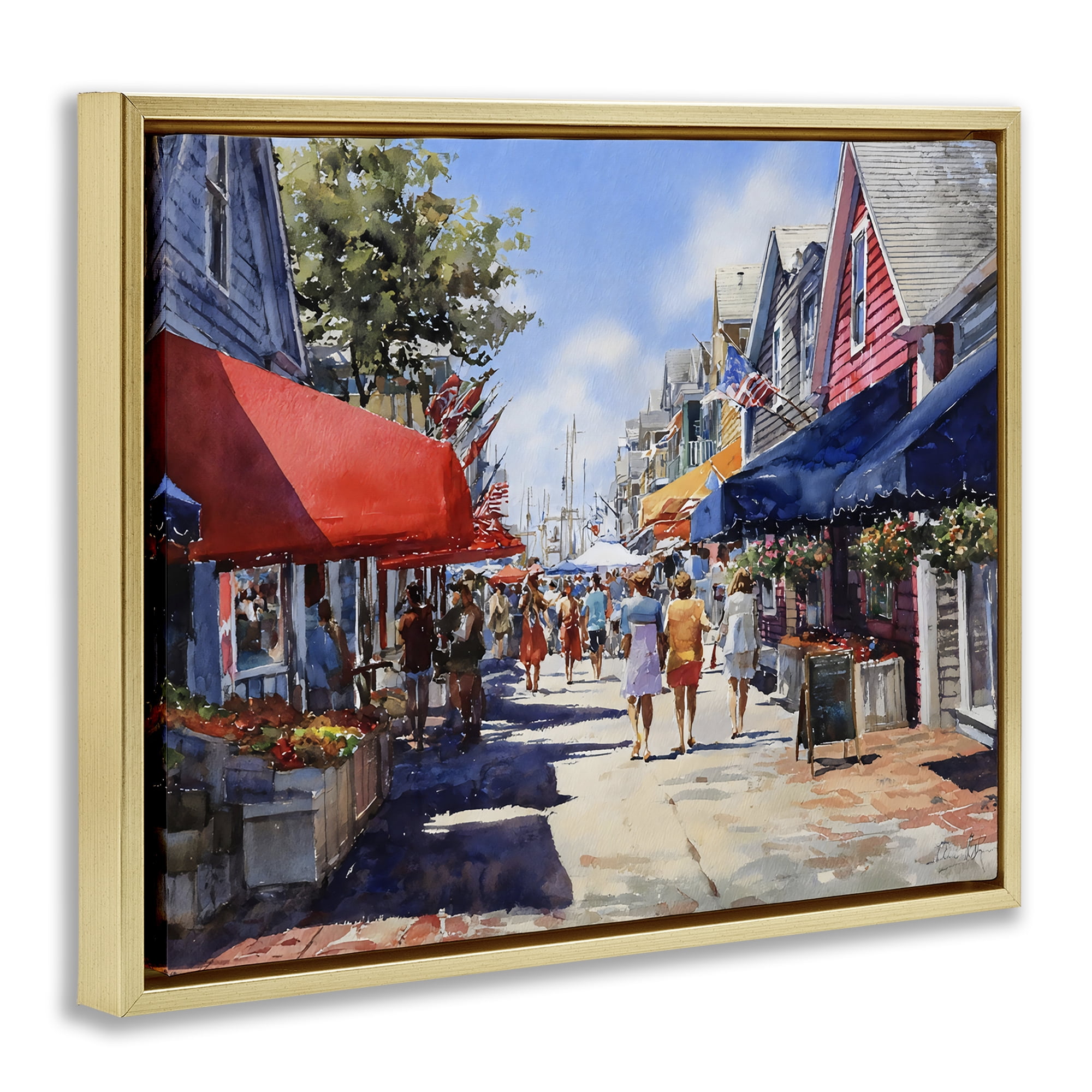 Stupell Industries American Coastal Town Stroll Gold Framed Floater Canvas Wall Art, design by Franklyn Gregory